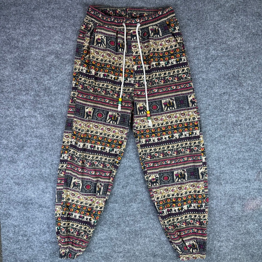 Boho Elephant Print Harem Pants Women's Bohemian Beaded Tie Waist Casual Wear
